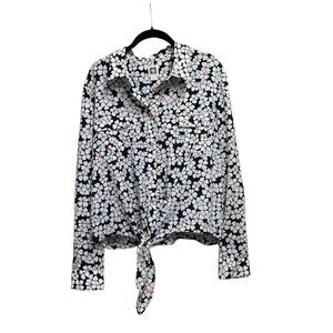 Anne Klein Top Womens  Tie Front Black White Floral Gold Accent Buttons‎ Size XL
